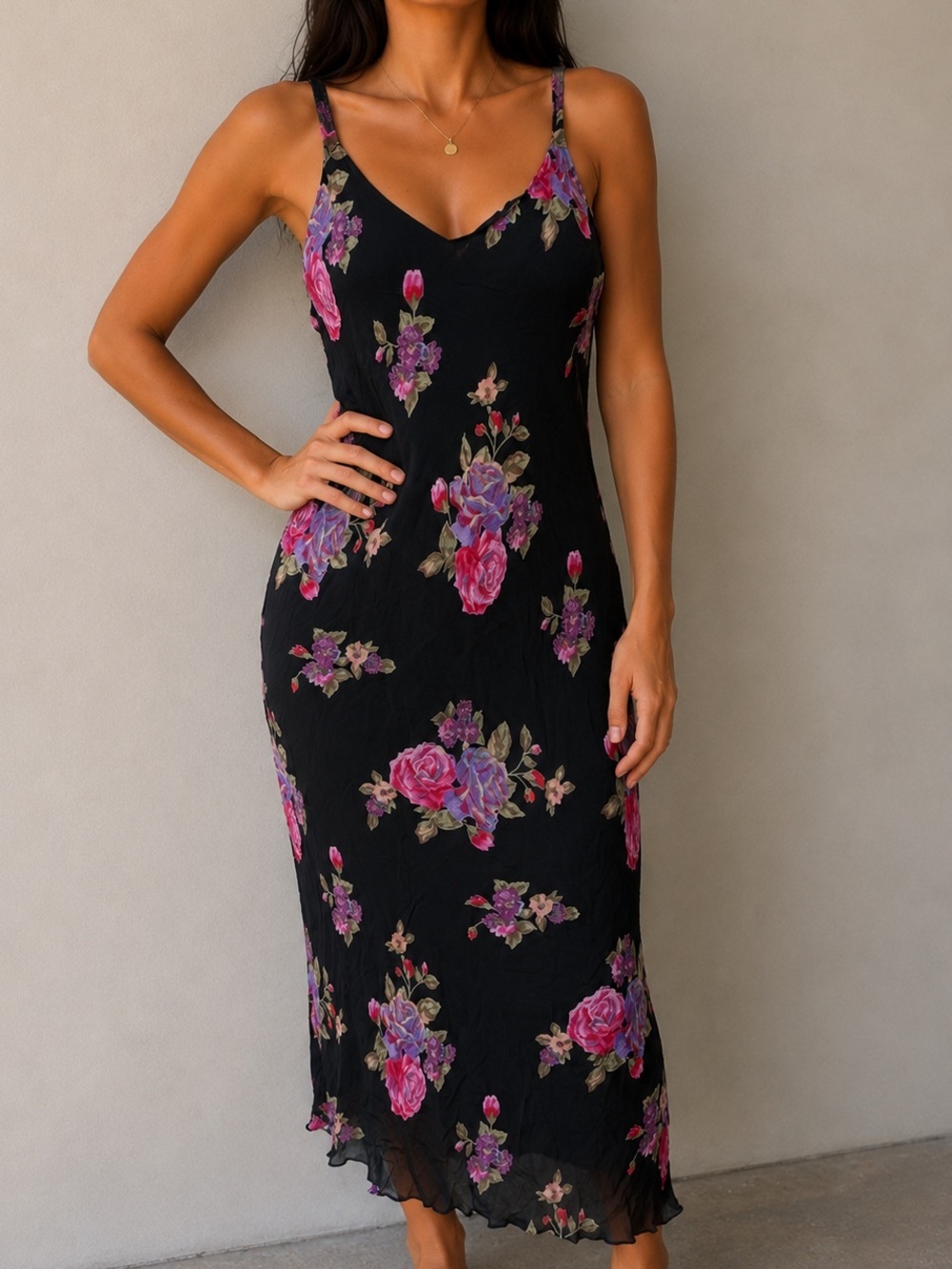 Vintage 90s Temptation Petite Black Floral Slip Dress NWT Rayon Midi Maxi P M